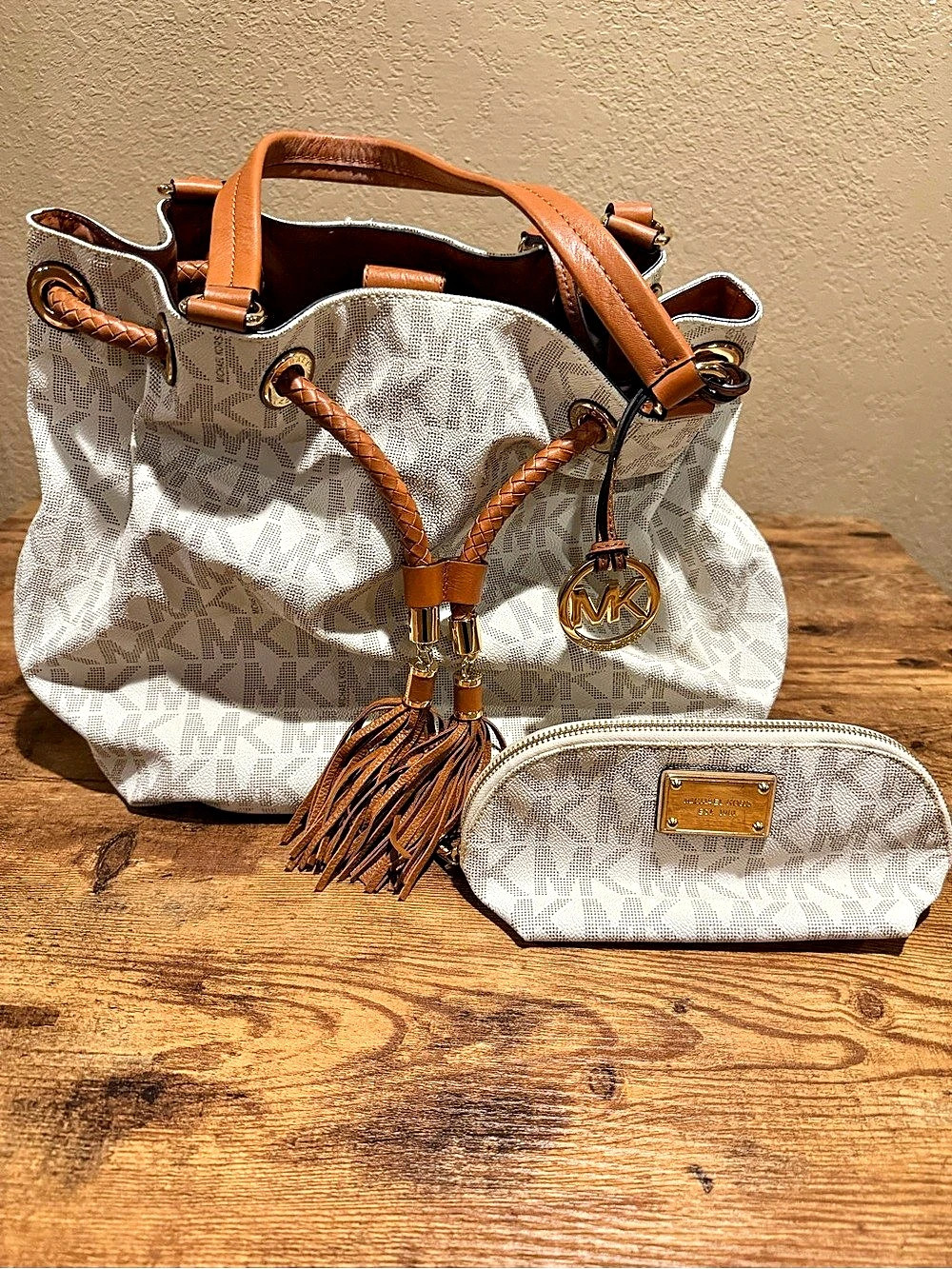 Michael Kors Marina Large Canvas Drawstring Tote Bag White & Brown